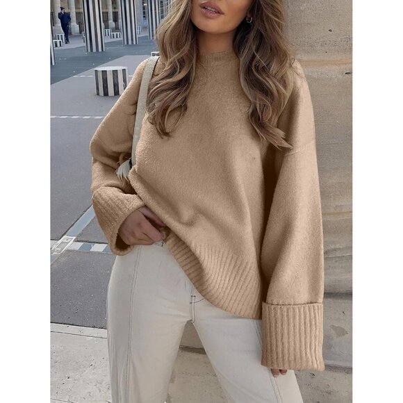 Women's Oversized Sweater Fuzzy Khaki Long Sleeve Casual Chunky Pullover Fall - Picture 2 of 9